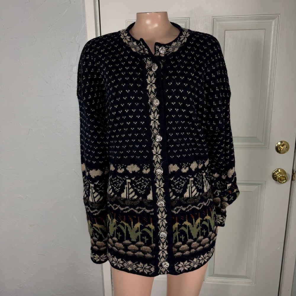 Vintage Nordic Fair Isle Cardigan Wool Button Sailboats Floral Crew neck Z3-8